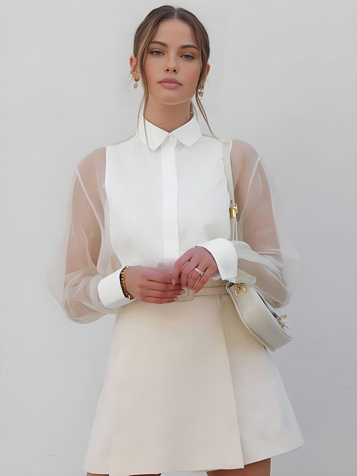 White collared button-up blouse with sheer mesh long sleeves, regular fit
