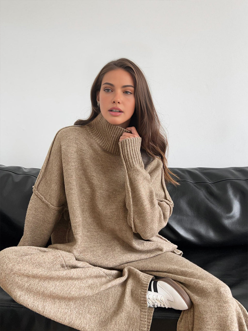 Women's Knit Turtleneck Lounge Set – Soft Wide Leg Relaxed Fit-Women's Two Piece Sets-Beige-S-