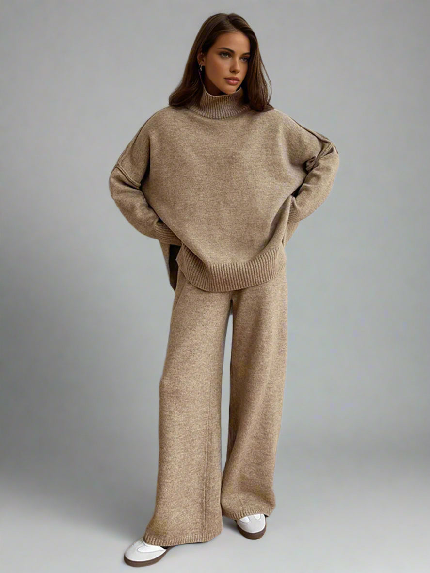 Women's Knit Turtleneck Lounge Set – Soft Wide Leg Relaxed Fit-Women's Two Piece Sets-Beige-S-