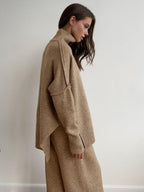 Women's Knit Turtleneck Lounge Set – Soft Wide Leg Relaxed Fit-Women's Two Piece Sets-Beige-S-