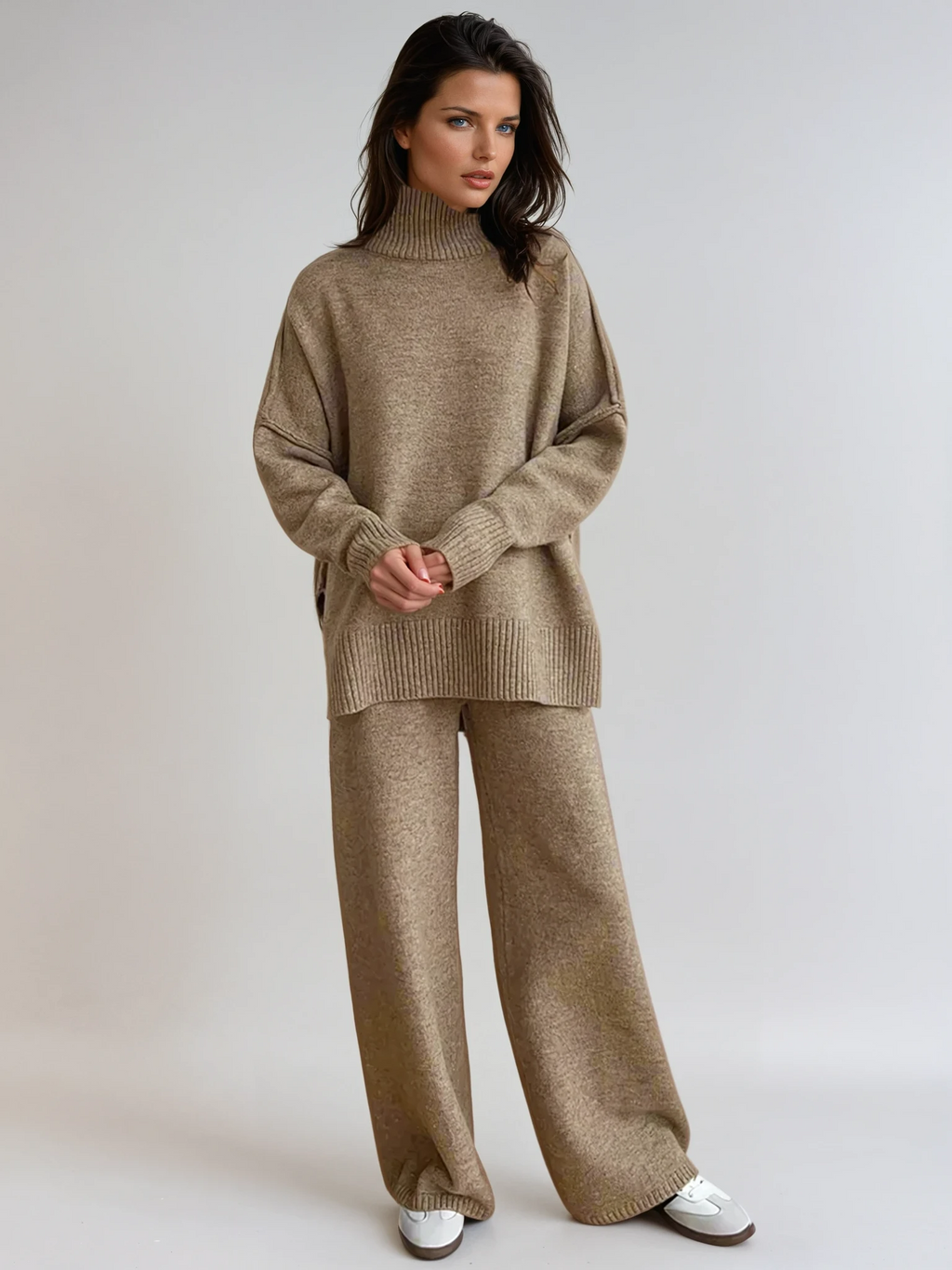 Women's Knit Turtleneck Lounge Set – Soft Wide Leg Relaxed Fit-Women's Two Piece Sets-Beige-S-