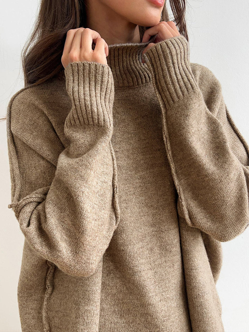 Women's Knit Turtleneck Lounge Set – Soft Wide Leg Relaxed Fit-Women's Two Piece Sets-Beige-S-
