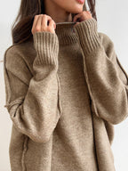 Women's Knit Turtleneck Lounge Set – Soft Wide Leg Relaxed Fit-Women's Two Piece Sets-Beige-S-