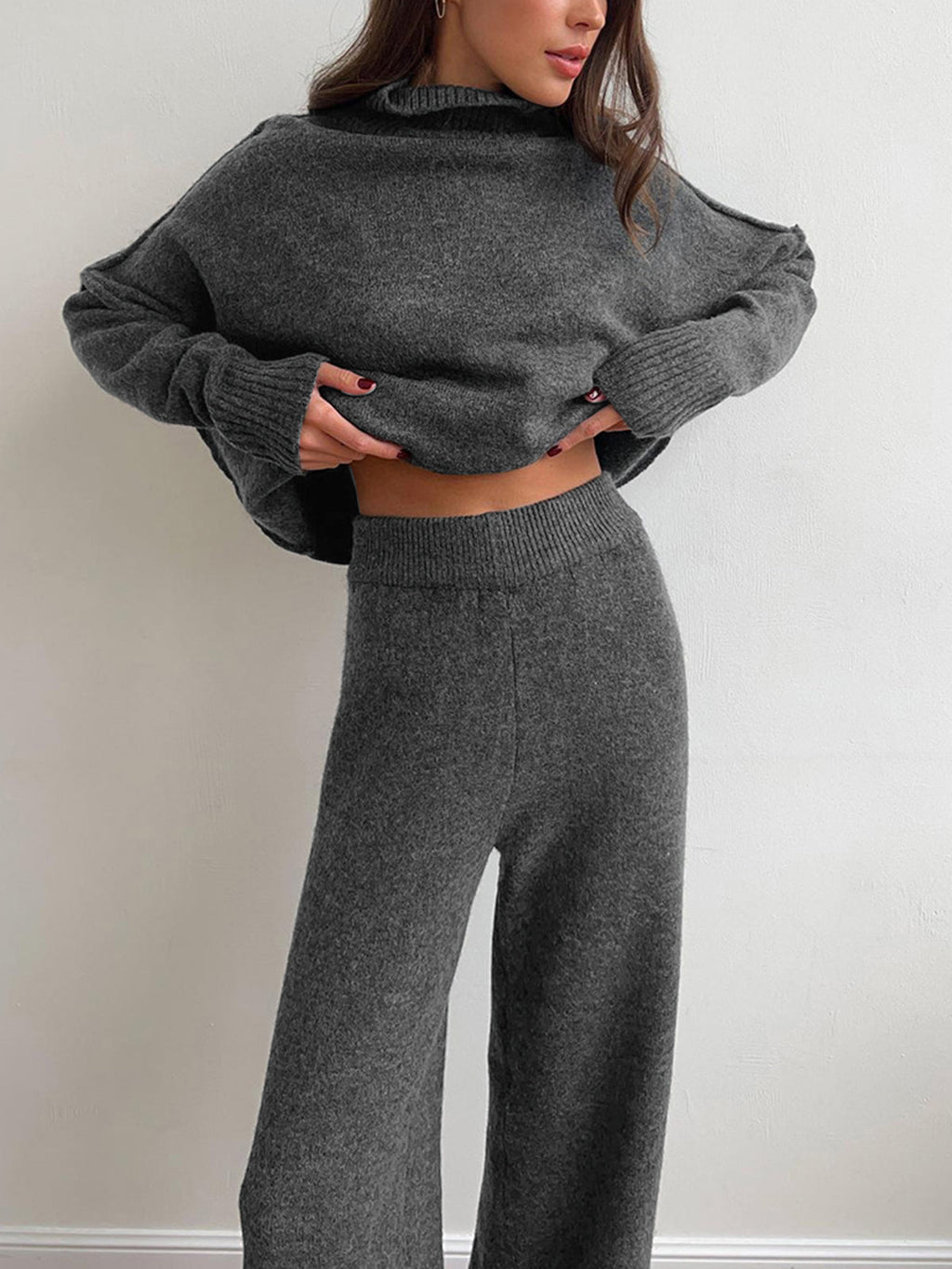 Women's Knit Turtleneck Lounge Set – Soft Wide Leg Relaxed Fit-Women's Two Piece Sets-Grey-S-