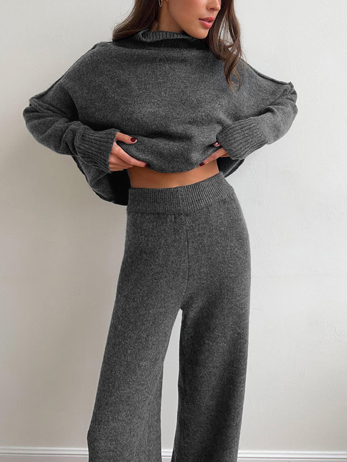 Women's Knit Turtleneck Lounge Set – Soft Wide Leg Relaxed Fit-Women's Two Piece Sets-Grey-S-