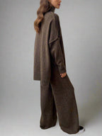 Women's Knit Turtleneck Lounge Set – Soft Wide Leg Relaxed Fit-Women's Two Piece Sets-Brown-S-