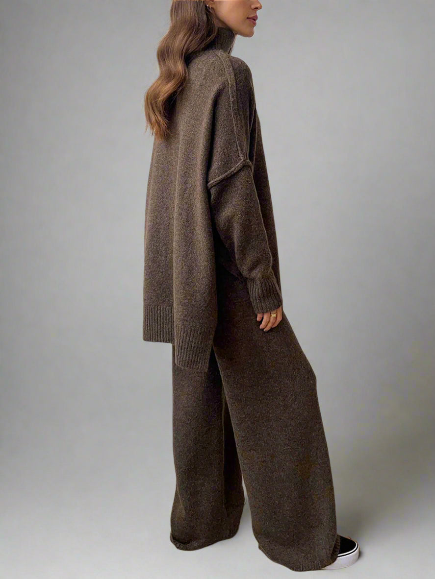 Women's Knit Turtleneck Lounge Set – Soft Wide Leg Relaxed Fit-Women's Two Piece Sets-Brown-S-