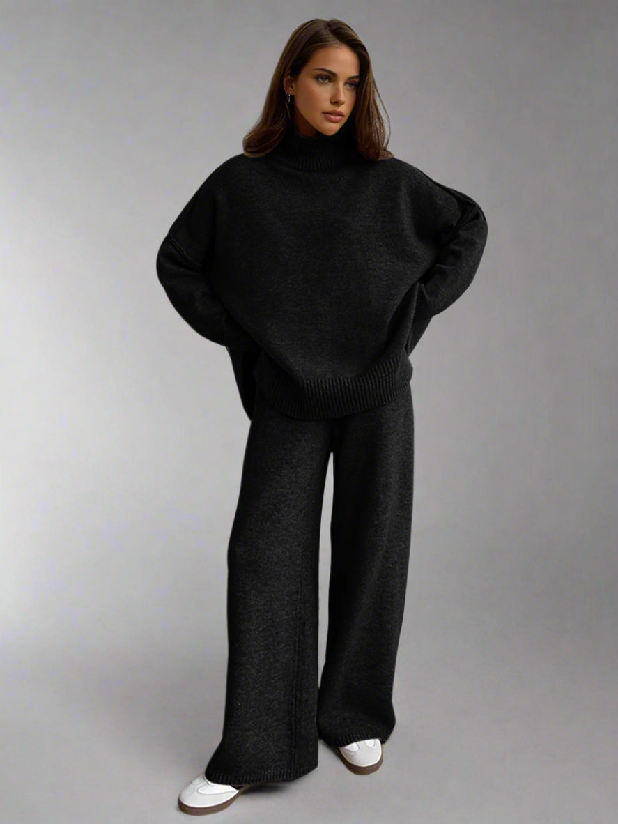Women's Knit Turtleneck Lounge Set – Soft Wide Leg Relaxed Fit-Women's Two Piece Sets-Beige-S-