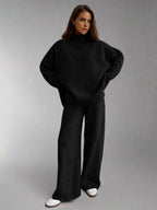 Women's Knit Turtleneck Lounge Set – Soft Wide Leg Relaxed Fit-Women's Two Piece Sets-Beige-S-