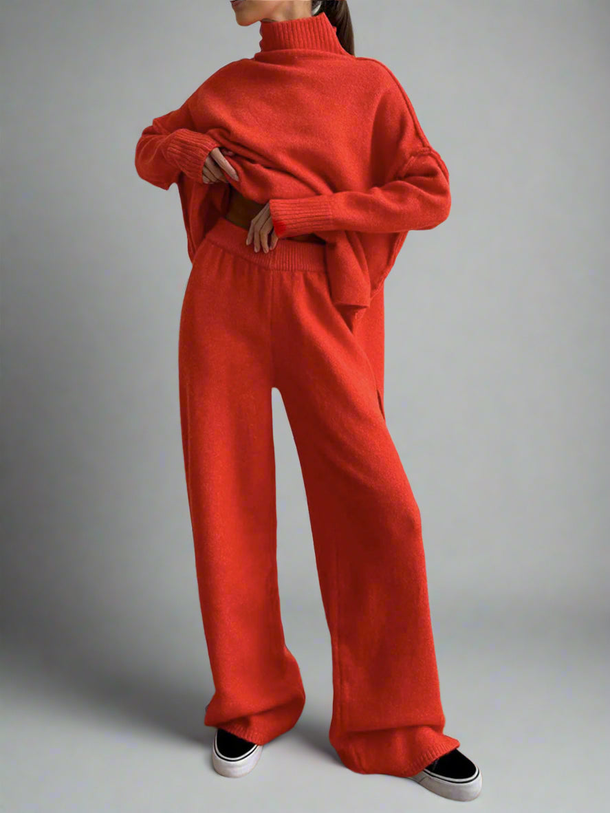 Women's Knit Turtleneck Lounge Set – Soft Wide Leg Relaxed Fit-Women's Two Piece Sets-Red-S-