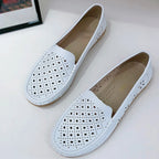 Women's Slip-On Loafers Flats with Round Toe Hollow Out Non-Slip Soft Sole Breathable Shoes-Women's Flats-White-4-