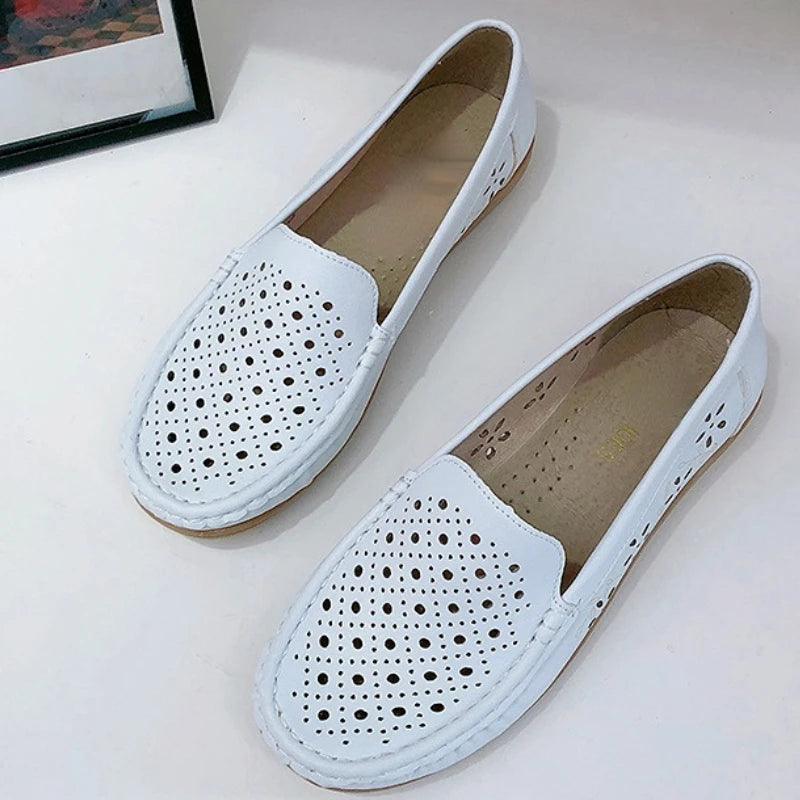 Women's Slip-On Loafers Flats with Round Toe Hollow Out Non-Slip Soft Sole Breathable Shoes-Women's Flats-White-4-