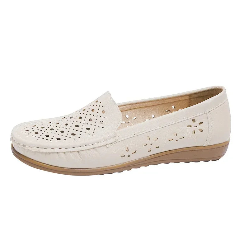 Women's Slip-On Loafers Flats with Round Toe Hollow Out Non-Slip Soft Sole Breathable Shoes-Women's Flats-Beige-4-