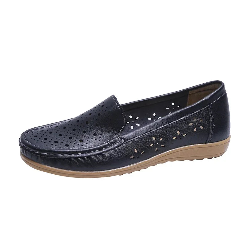 Women's Slip-On Loafers Flats with Round Toe Hollow Out Non-Slip Soft Sole Breathable Shoes-Women's Flats-Black-4-