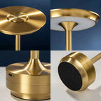 Gold rechargeable table lamp details: touch top button and dark circular LED grille