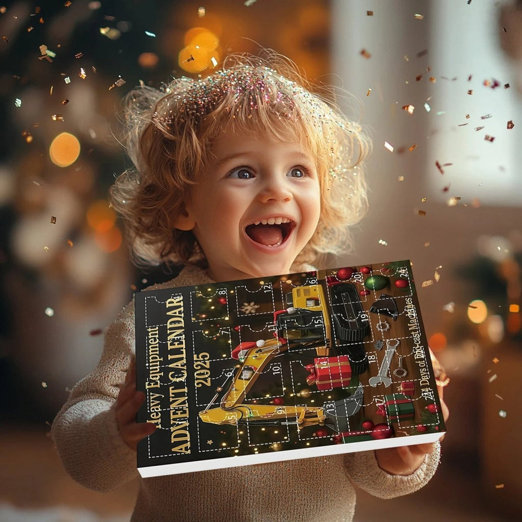 Kids holding heavy equipment advent calendar 2025 with colorful machine artwork