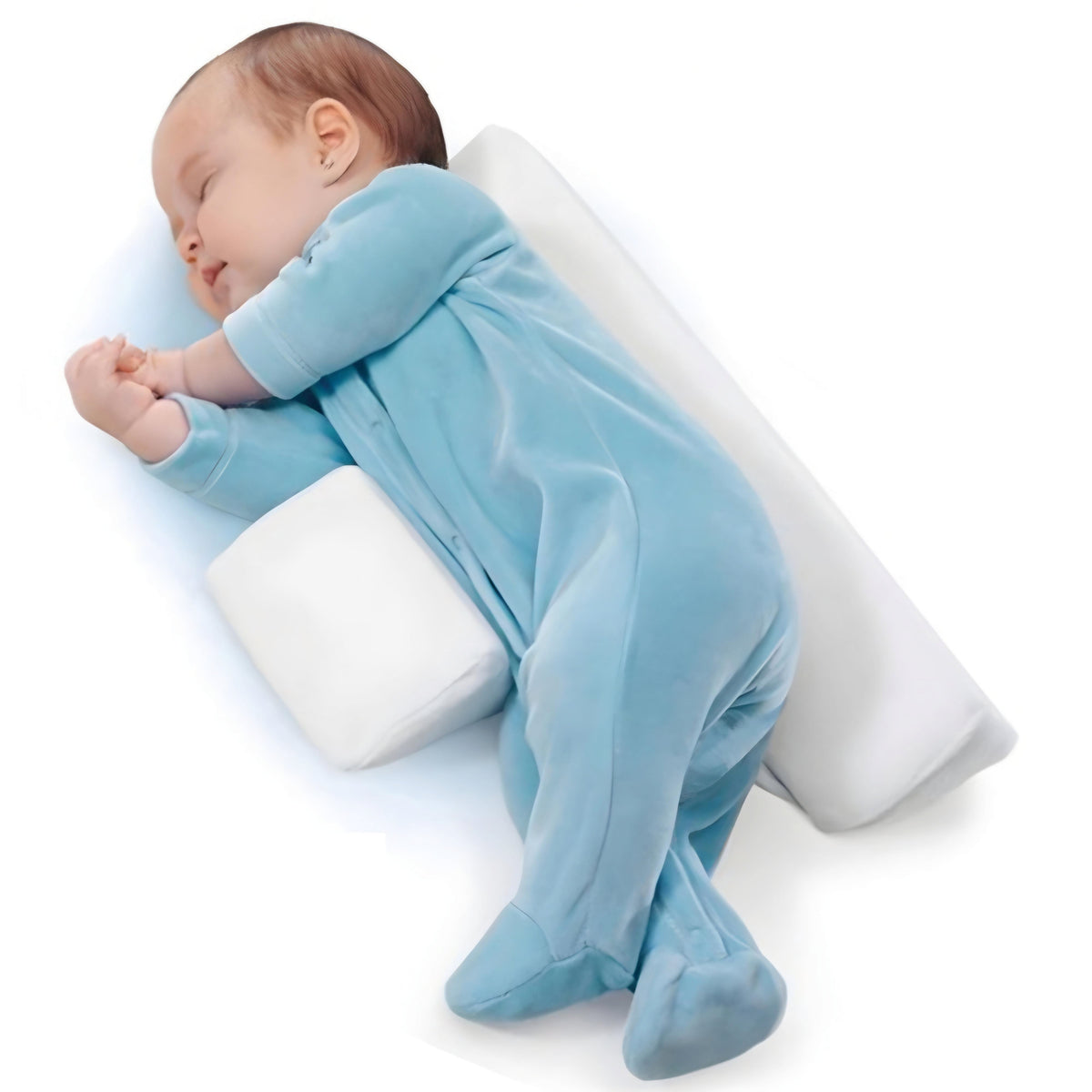 Baby side positioner with white bolsters and adjustable wrap, baby lying on it