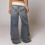 Light blue baggy jeans with wide-leg cut and visible back pocket seams