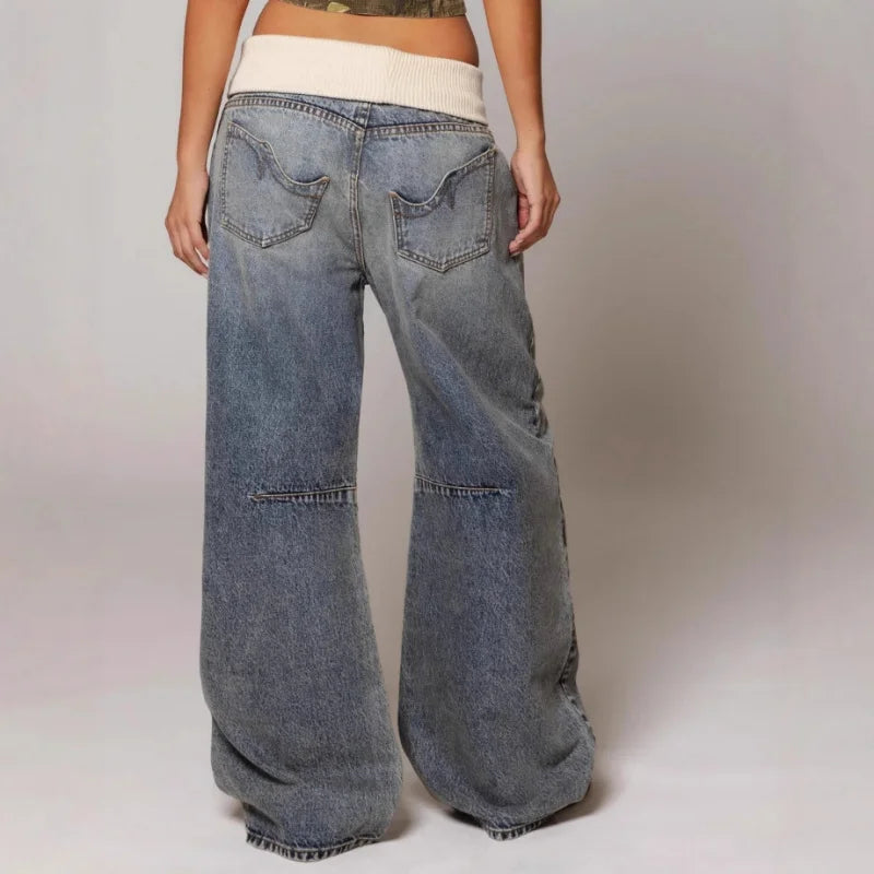 Light blue baggy jeans with wide-leg cut and visible back pocket seams