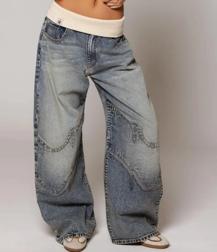 Sephira Women's Baggy Jeans | Statement Seams & Comfort Waistband