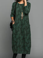 Évara | Women's Long Sleeve Dress with Printed Pattern Flowy Flattering Elegant Midi Frock-Dresses-Green-S-Camoufit