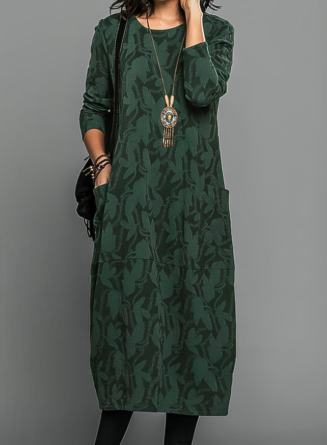 Évara | Women's Long Sleeve Dress with Printed Pattern Flowy Flattering Elegant Midi Frock-Dresses-Green-S-Camoufit