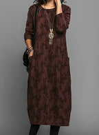 Évara | Women's Long Sleeve Dress with Printed Pattern Flowy Flattering Elegant Midi Frock-Dresses-Brown-S-Camoufit