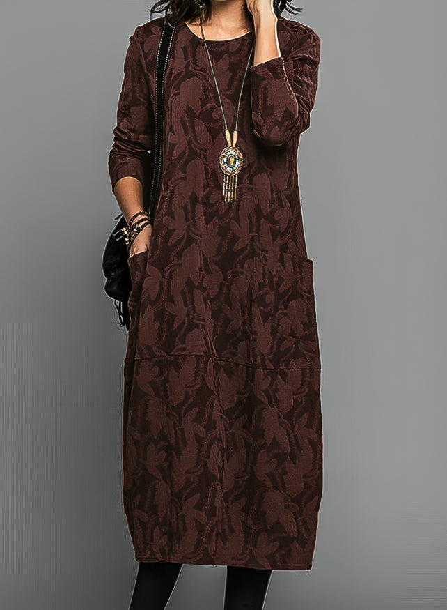 Évara | Women's Long Sleeve Dress with Printed Pattern Flowy Flattering Elegant Midi Frock-Dresses-Brown-S-Camoufit