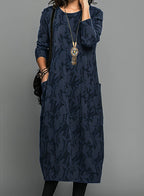 Évara | Women's Long Sleeve Dress with Printed Pattern Flowy Flattering Elegant Midi Frock-Dresses-Blue-S-Camoufit