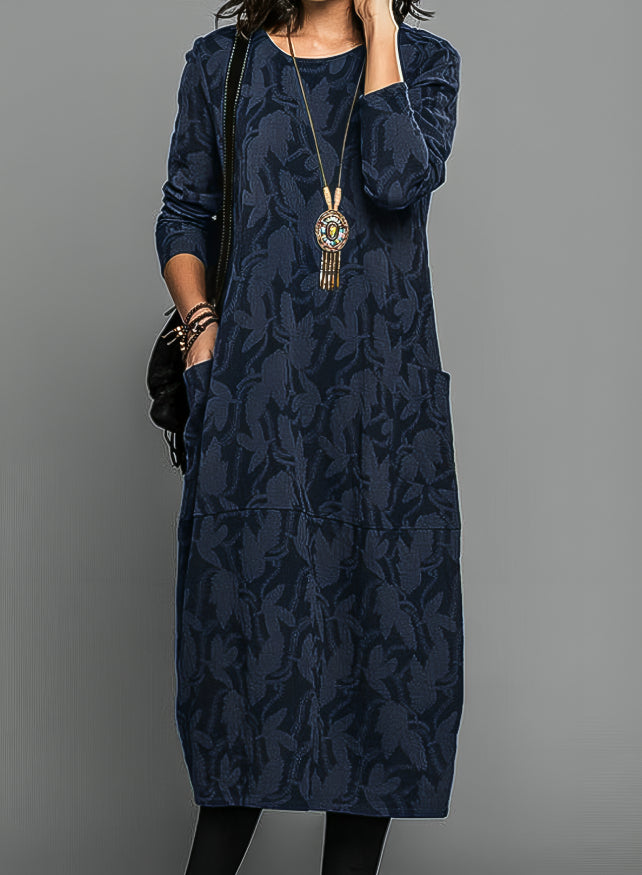 Évara | Women's Long Sleeve Dress with Printed Pattern Flowy Flattering Elegant Midi Frock-Dresses-Blue-S-Camoufit