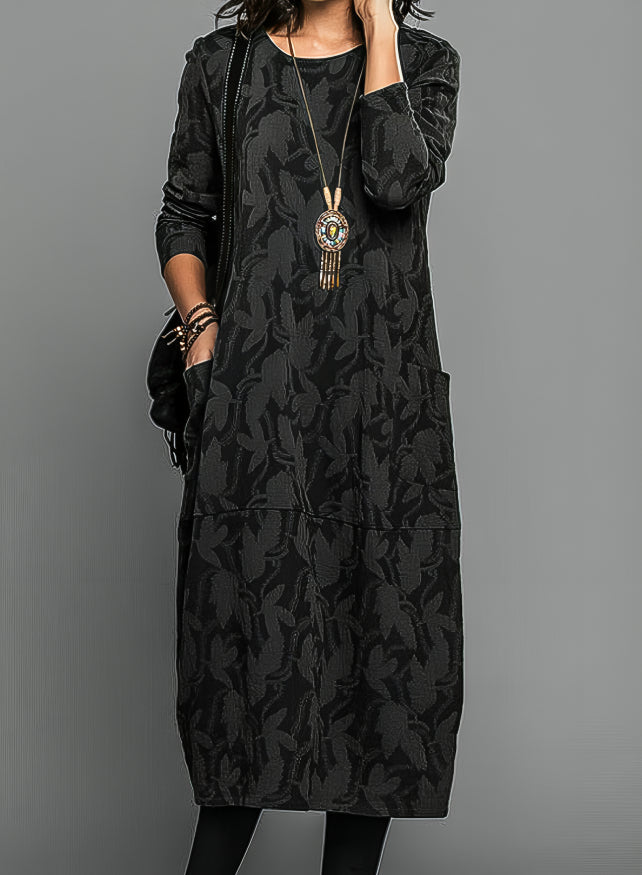 Évara | Women's Long Sleeve Dress with Printed Pattern Flowy Flattering Elegant Midi Frock-Dresses-Black-S-Camoufit