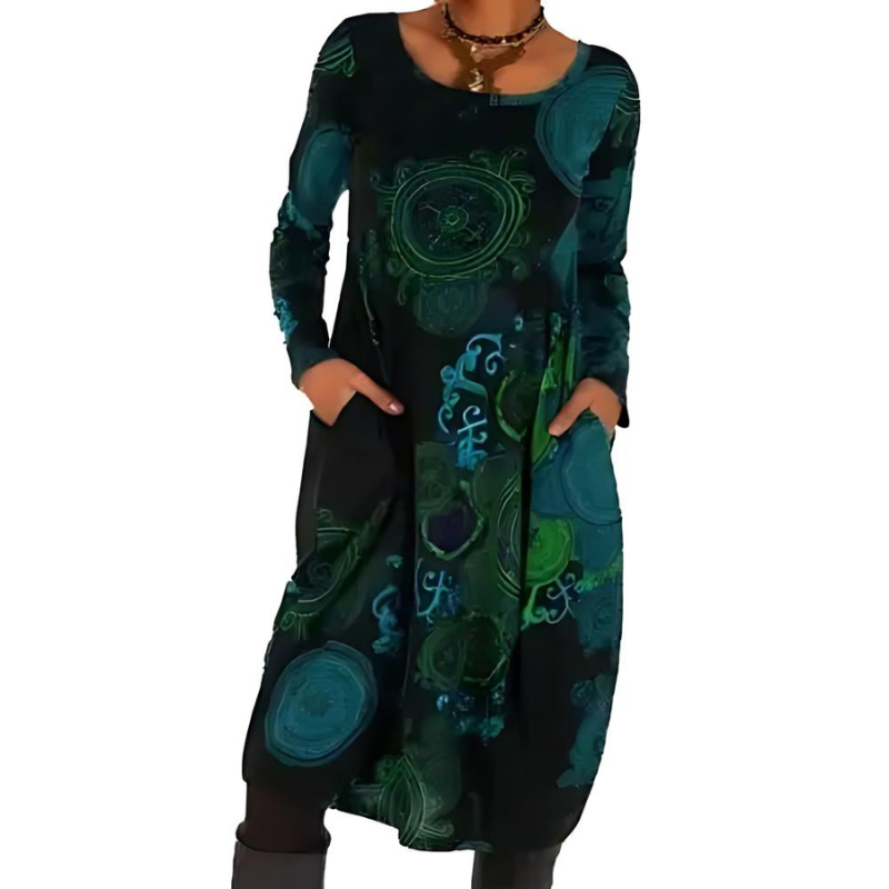Zayelle | Women's Winter Dress with Long Sleeves Pockets Relaxed Boho Cosy Midi Frock