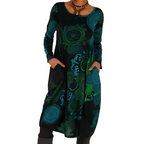 Zayelle | Women's Winter Dress with Long Sleeves Pockets Relaxed Boho Cosy Midi Frock-Dresses-Blue-S-Camoufit