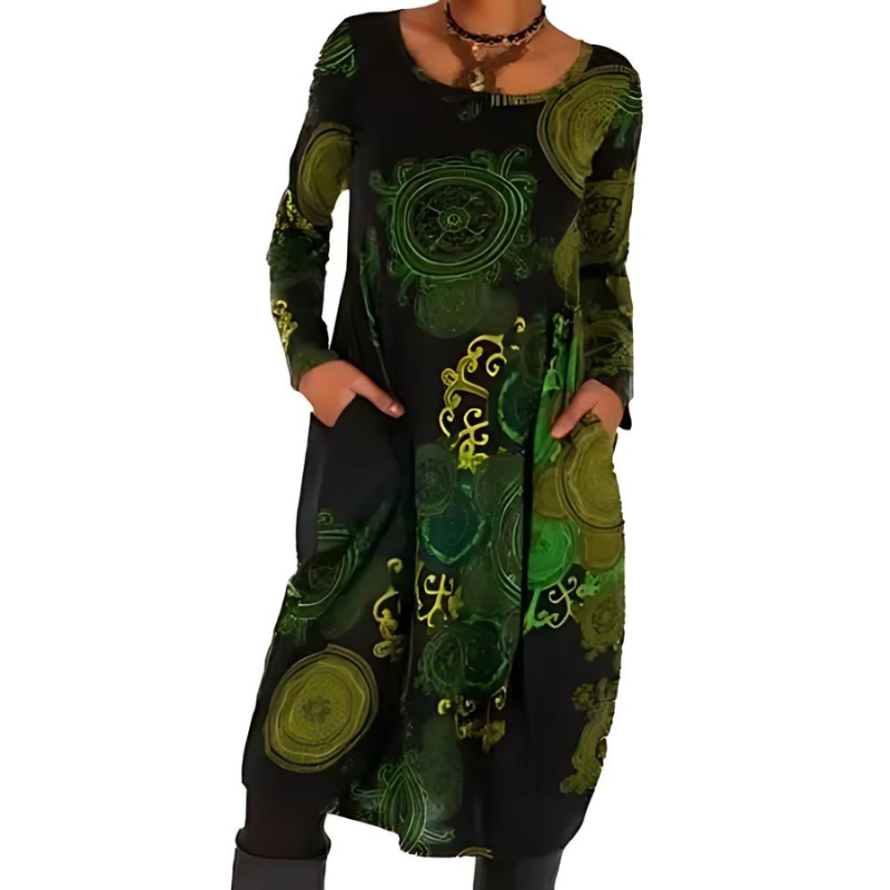 Zayelle | Women's Winter Dress with Long Sleeves Pockets Relaxed Boho Cosy Midi Frock-Dresses-Green-S-Camoufit