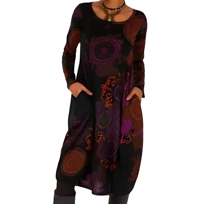 Zayelle | Women's Winter Dress with Long Sleeves Pockets Relaxed Boho Cosy Midi Frock-Dresses-Red-S-Camoufit