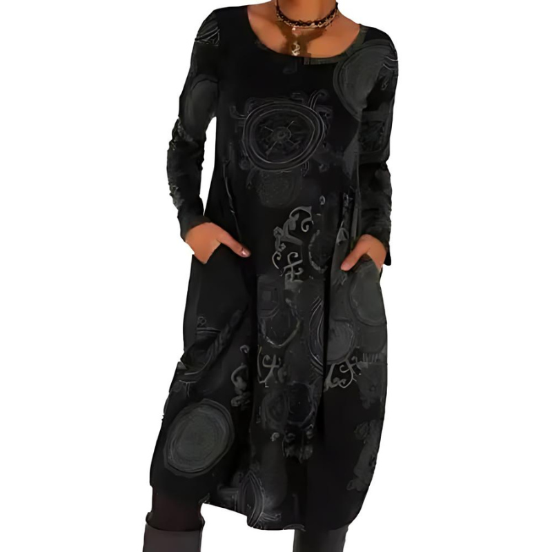 Zayelle | Women's Winter Dress with Long Sleeves Pockets Relaxed Boho Cosy Midi Frock-Dresses-Black-S-Camoufit
