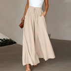 Isadora | High Waist Elastic Pants for Women - Drawstring A-Line Pockets Long Airy Fit-Women's Pants-Beige-S-Camoufit