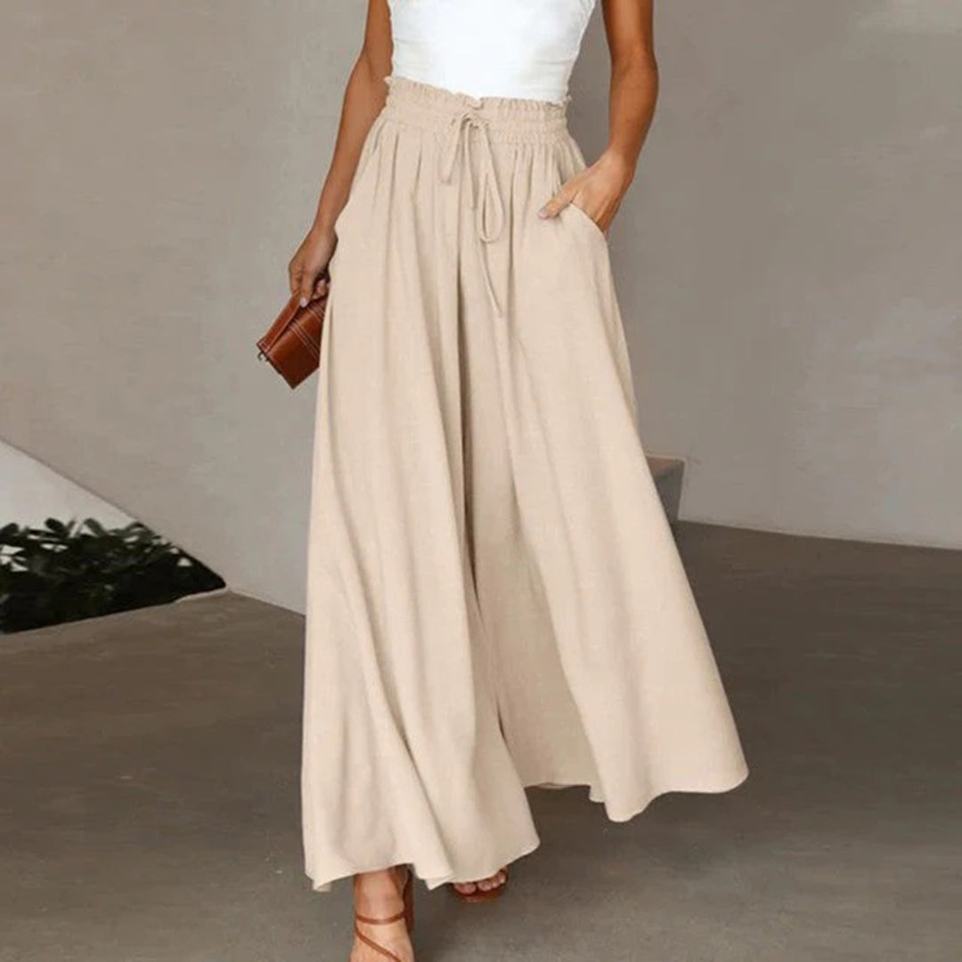 Isadora | High Waist Elastic Pants for Women - Drawstring A-Line Pockets Long Airy Fit-Women's Pants-Beige-S-Camoufit