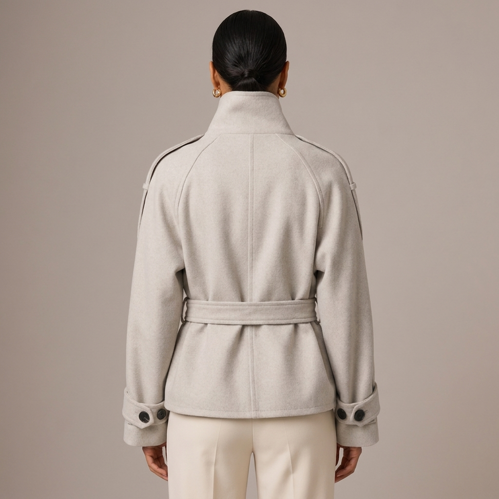 Beige belted double-breasted pea coat with high neck and buttoned cuffs