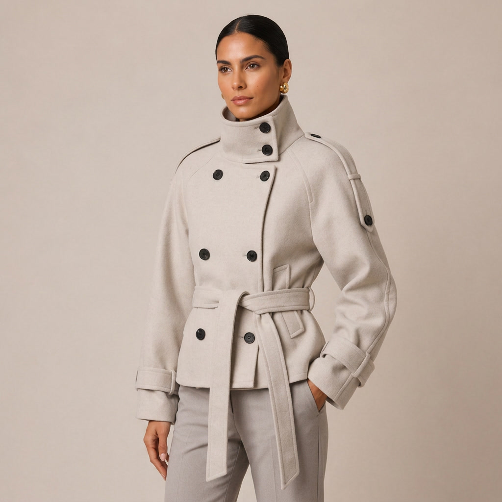Belted Double-Breasted Pea Coat with High Neck 4