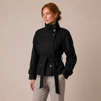 Black belted double-breasted pea coat with high neck and long sleeves