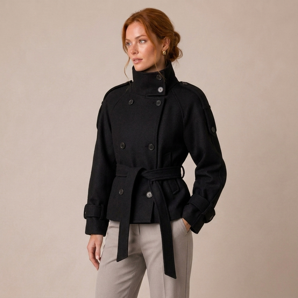 Black belted double-breasted pea coat with high neck and long sleeves