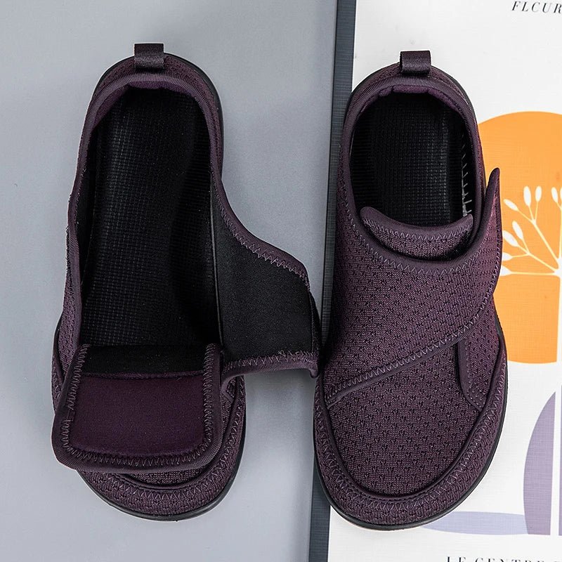 Dark purple slip-on comfort walking shoes, breathable knit upper and padded collar