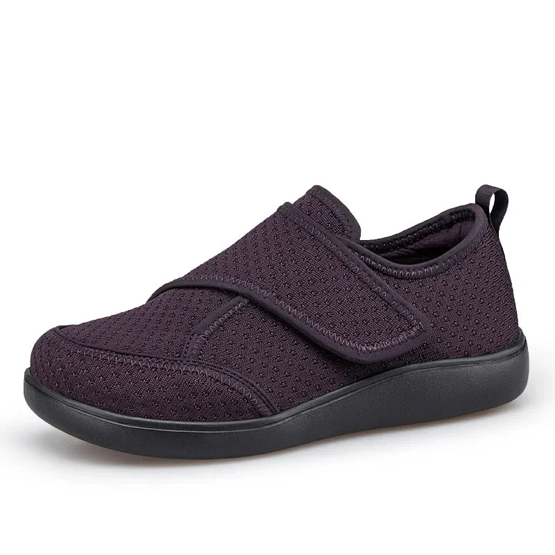Dark purple slip-on comfort walking shoes with knit upper and dark rubber outsole