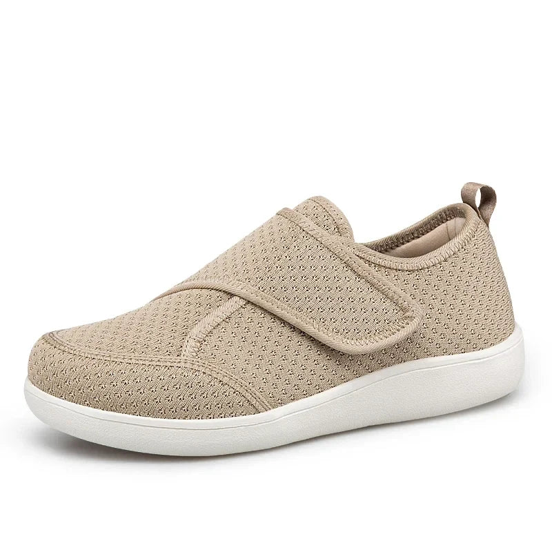 Khaki slip-on comfort walking shoes with textured knit upper and cushioned white sole