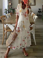 Bettina | Bohemian Maxi Dress Women V-Neck Summer Fit-Summer Dress-Beige-S-Camoufit
