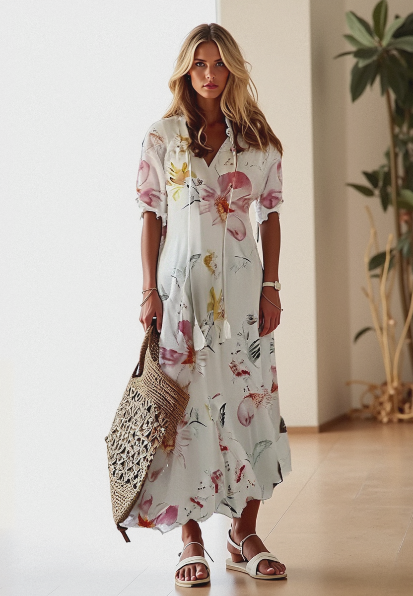 Bettina | Bohemian Maxi Dress Women V-Neck Summer Fit-Summer Dress-Beige-S-Camoufit