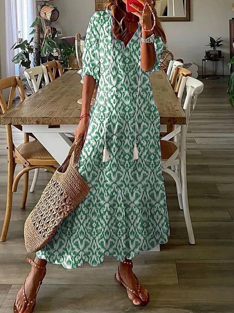 Bettina | Bohemian Maxi Dress Women V-Neck Summer Fit-Summer Dress-Green-S-Camoufit