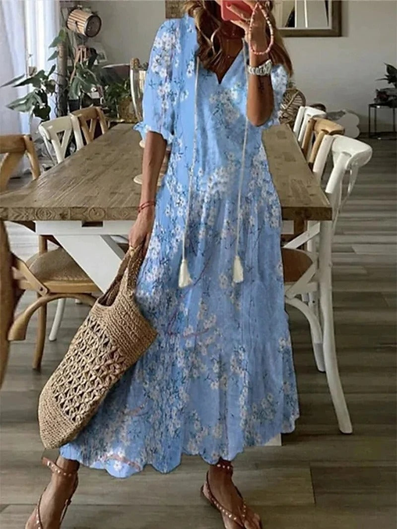 Bettina | Bohemian Maxi Dress Women V-Neck Summer Fit-Summer Dress-Sky blue-S-Camoufit