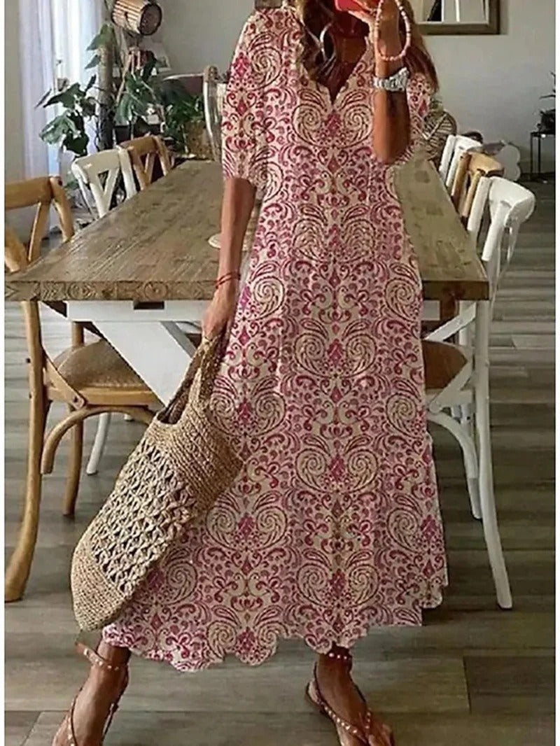 Bettina | Bohemian Maxi Dress Women V-Neck Summer Fit-Summer Dress-Pink-S-Camoufit